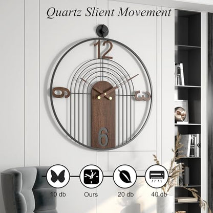 Modern Large Walnut Dial Wall Clock, Wood Metal Frame Silent Non Ticking Wall Clocks Decoration for Living Room, Bedroom, Kitchen, Study, Handmade Home Decor Present Idea, 22 Inch - size: 1.Large(22 in)