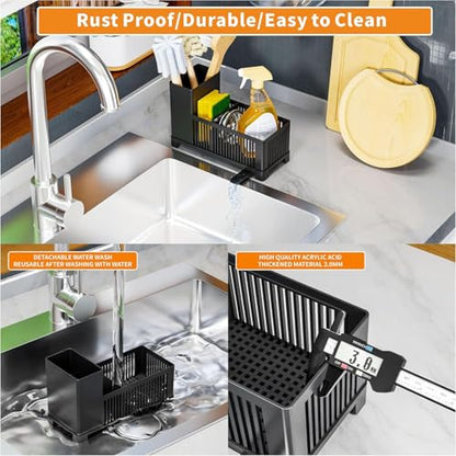 Sink Caddy & Kitchen Sink Organizer,Black Sponge Holder with High Scrub Brush Holder,Plastic Kitchen Countertop Organizer,Multifunctional Sponge Drain Rack,Dish Soap,Dish Sponge Holder,Soap Dispenser - color: Black