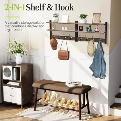 2 Tier Coat Rack Wall Mount with Shelf, 33" Wall Shelf with Hooks, Entryway Key Holder for Wall with 8 Heavy Duty Double Hooks, Coat Hook Wall Mounted for Bedroom, Living Room, Rustic Brown - color: Brown-2 Pack