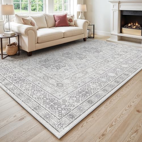 Ksrau 10x12 Area Rug Washable Vintage: Non Slip Living Room Large Rugs Grey | Oriental Indoor Floor Mat for Bedroom Soft Low Pile Thin Rugs for Dining Room Nursery Pet Friendly Home Office Decor - color: Grey, size: 10' x 12' (Rectangular)