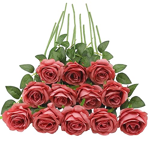 Tifuly 12Pcs Roses Long Stem Fake Silk Artificial Flowers Coral Pink | 12 Pcs Long Stem Silk Roses, Realistic Fake Roses with Stem for Bridal Bouquets, Home and Office DIY Decor - color: Coral Pink