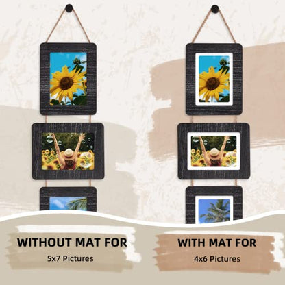 5x7 Collage Picture Frame, 3 Opening, Rustic Wood, Weathered Black | Wall-Mounted Hanging Design, Displays 4x6 Photos with Mat or 5x7 Photos Without Mat, Three-Opening Layout - color: Weathered Black, size: 3 Opening