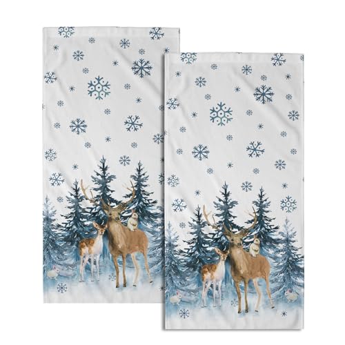 Imiss Blue Forest Deer Hand Towels Set of 2，Snowflake Reindeer Fingertip Towels Pine Tree Decorative Bathroom Towel 14.4 x 28.3 Inch for Winter Xmas Holiday Decor - color: Blue Forest Deer