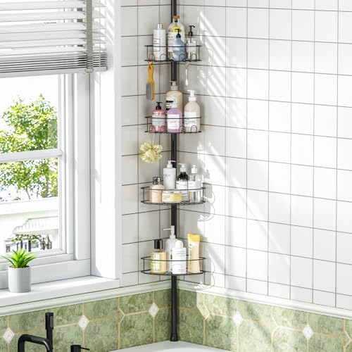 Urackify Corner Shower Caddy Tension Pole 4 Tier Shower Organizer, Black | No-Drill Design, with Hidden Hook &Towel Holder, 63.7"-119"H, Rustproof Steel, Easy to Install, Each Shelf Holds 11 lbs - color: Black