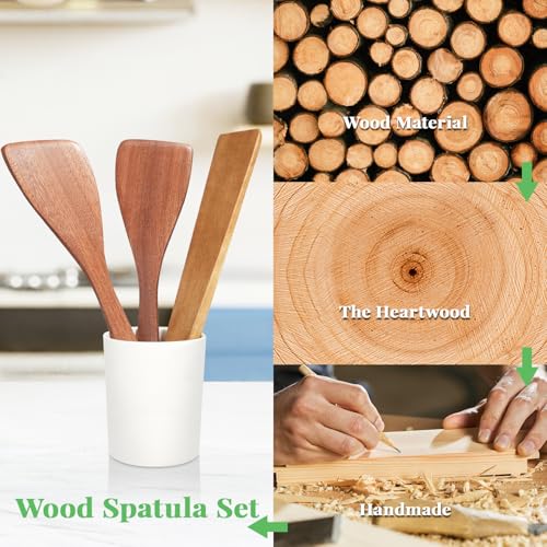 MORGLES 3Pcs Wooden Spatula Set, 12" Long Handle for Nonstick Pans Cooking | Acacia wood, flat scraper, 12" ergo handle, non-scratch, nonstick & cast-iron safe, flips/stirs/scrapes - color: Acacia Brown