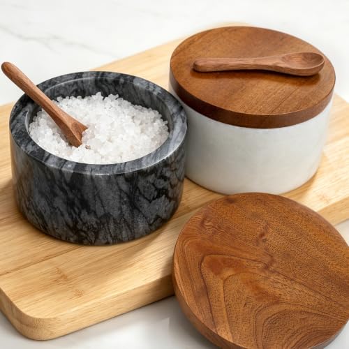 Salt and Pepper Containers, Marble Salt Cellar Set of 2 with Wood Lids and Spoons, Black and White Salt Keeper Bowls for Kitchen Counter, Sugar, Spices and Dry Seasonings - color: White+Black