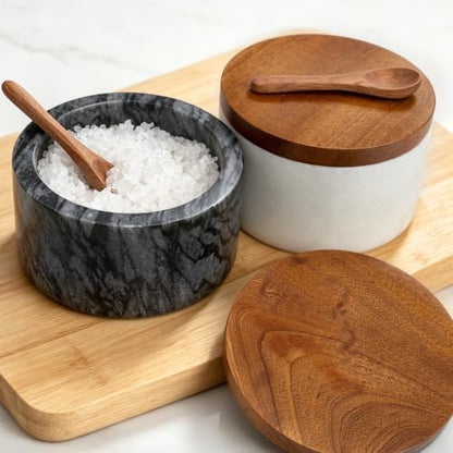 Salt and Pepper Containers, Marble Salt Cellar Set of 2 with Wood Lids and Spoons, Black and White Salt Keeper Bowls for Kitchen Counter, Sugar, Spices and Dry Seasonings - color: White+Black