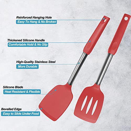 Silicone Spatula and Cooking Spoon,5 Pack Non-Stick Cooking Utensils for Kitchen，Heat Resistant Solid & Slotted Spoons and Spatulas, Stainless Steel Handle Coated with Silicone,Red - color: Red
