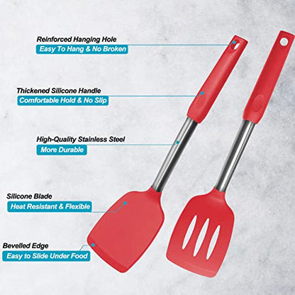 Silicone Spatula and Cooking Spoon,5 Pack Non-Stick Cooking Utensils for Kitchen，Heat Resistant Solid & Slotted Spoons and Spatulas, Stainless Steel Handle Coated with Silicone,Red - color: Red