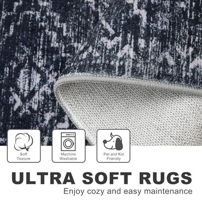 KILOCOCO Washable Runner Rug 2x5 ft Hallway Runners, Blue-Black | Non Slip Runner Rug, Printed Kitchen Runner Rug, Low-Pile Entryway Runners, Soft Geometric Rugs for Bedroom Hall Living Room - color: Black/Navy/White, size: 2' x 5' (Runner)