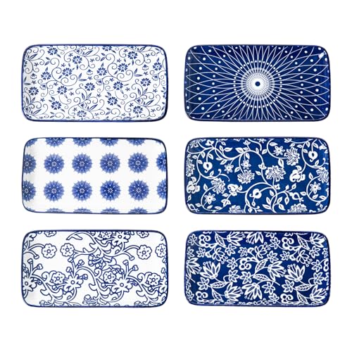 8.1" x 4.5" Ceramic Rectangle Salad Plates Set of 6 | Rectangular Serving Platter - Serving Trays for Sushi Dessert Pasta Appetizer - Oven Microwave Dishwasher Safe - Vintage Blue - color: Vintage Blue