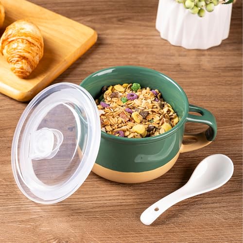 GBhome Ceramic Soup Mugs with Handles and Lids,24 OZ Soup Cups Set of 2 | Terracotta Underside,Mug Bowls with Spoon for Soup/Cereal/Salad/Noodles/Ramen/Microware &Dishwasher Safe-Green&Purple - color: Green&Purple