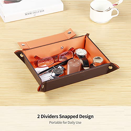Valet Tray for Men Leather Big Entryway Key Dish Bedside Catchall Bowl 2 Dividers Travel Nightstand Organizer Caddy for Wallet Coins Dice Watch Candy, Sundries Holder for Beside Table (Orange) | Large Jewelry Vanity Tray for Keys,Coins,Wallet,Watch,Phone,
