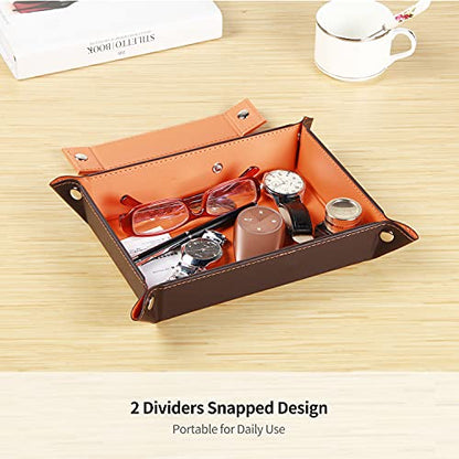 Valet Tray for Men Leather Big Entryway Key Dish Bedside Catchall Bowl 2 Dividers Travel Nightstand Organizer Caddy for Wallet Coins Dice Watch Candy, Sundries Holder for Beside Table (Orange) | Large Jewelry Vanity Tray for Keys,Coins,Wallet,Watch,Phone,