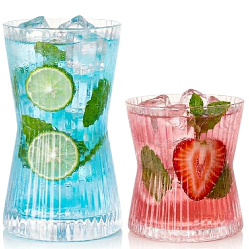 JOVGANK Drinking Glasses Set of 8 – Lead-Free Crystal Glassware, 4 Tall 10oz & 4 Short 8.5oz Vintage Ribbed Tumbler Glasses, Dishwasher Safe, for Juice Beer Cocktails, Great Housewarming Gift, Set B - style: X
