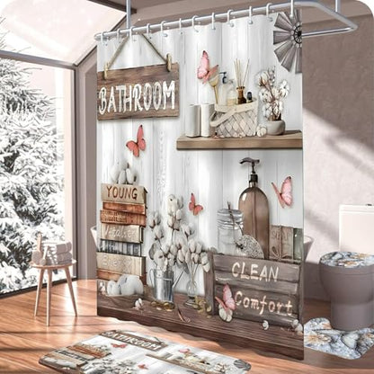 DDQQ 4Pcs Shower Curtain Sets, Farmhouse Style Bathroom Curtains Shower Set, Cupboard Bathroom Decor Sets, Shower Curtain with Rugs, Toilet Lid Cover, Bath Mat and 12 Hooks, 71 x 71 in - color: Cream