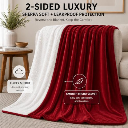 Waterproof Blanket for Bed, 60" x 80" Waterproof Throw Blanket, Leakproof Bed Protector, Absorbent, Spill Proof, Stain Resistant, Reversible Sherpa & Micro Velvet, Machine Washable - color: Red