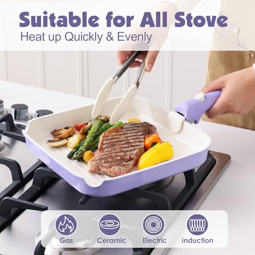 SENSARTE 17 Piece Ceramic Detachable Handle Pots and Pans Set Purple | Ceramic Cookware Set, Induction Cookware Set with Removable Handle, Healthy Non Stick for RV, Dishwasher ＆ Oven Safe - color: Purple, size: 17 Piece