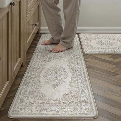 Kitchen Mats 2PCS Anti Fatigue Cushioned Mat Beige Vintage Kitchen Mats for Floor Waterproof Non Slip Comfort Standing Medallion Floral Rug for Sink Laundry Office 17.3"x47"+17.3"x30" - color: Beige, size: 17.3"x47"+17.3"x30"--0.4inch