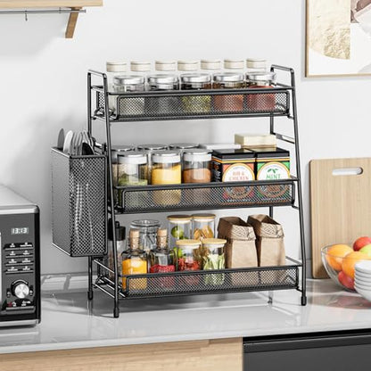 EKNITEY Bathroom Countertop Organizer Shelf - 3 Tier Counter Spice Rack | Metal, Removable Basket, Non-Slip Base, Makeup Rack, Small Coffee Station Organizer, for Sink Bedroom Kitchen Living room - color: Black with Basket