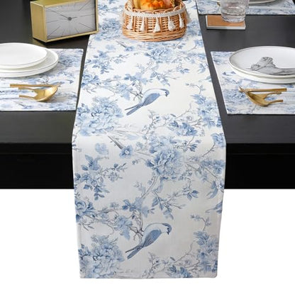 Table Runner and Placemats Set of 6 Blue Flower Decorative Dining Table Runner with Matching Placemats Tree Branch Birds Table Decor for Kitchen Dining Room and Everyday Use 13x90in - size: 13"x90"+6pcs