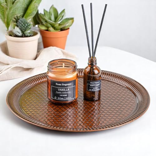 Alisveristime Round Hammered Metal Serving Tray – Ottoman Style, (11.8" Diameter, 12.6 oz) 5 Color Options (Brown) - color: Brown