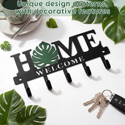 Key Holder Wall Mount Monstera Leaf Metal Key Hooks Organizer with 5 Hooks Rustic Farmhouse Welcome Home Wall Hook Tropical Boho Decor for Entryway Bathroom Hallway Living Room 9.8 Inch - style: Monstera