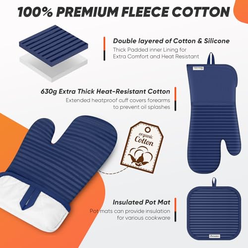 Oven Mitts Kitchen Towels and Dishcloths with Pot Holders Sets, Oven Gloves Hot Pads 500°F Heat Resistant with Silicone Grip, Include 2 Cooking Gloves/2 Potholders/4 Kitchen Towels/4 Dish Towels - color: Marine Blue
