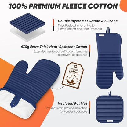 Oven Mitts Kitchen Towels and Dishcloths with Pot Holders Sets, Oven Gloves Hot Pads 500°F Heat Resistant with Silicone Grip, Include 2 Cooking Gloves/2 Potholders/4 Kitchen Towels/4 Dish Towels - color: Marine Blue