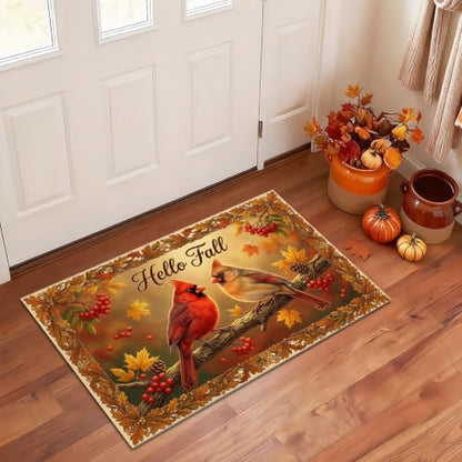 Cardinal Welcome Door Mat, Seasonal Rustic Leaves Berries Fall Brown Washable Low Profile Decorative Doormat for House Office Outside Inside Entrance Decor 29x17 Inch