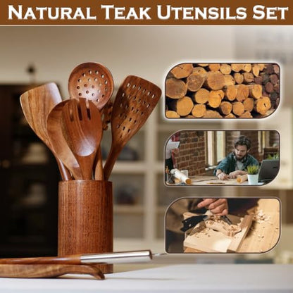 10PCS Teak Wooden Utensils Set With Holder & Spoon Rest, Stainless Handle | Non-scratch, Durable, Non Toxic, Non-Stick, Smooth Finish, Easy to Clean, Comfort Grip, House Warming Gift - size: 10Pcs Set