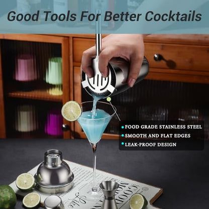 Cocktail Shaker Set Bartender Kit with Stand, 12 Piece Drink Mixer Set with Stainless Steel Bar Accessories Tools: 25oz Martini Shaker Jigger Strainer Spoon Muddler for Cocktails (Silver) - color: Silver