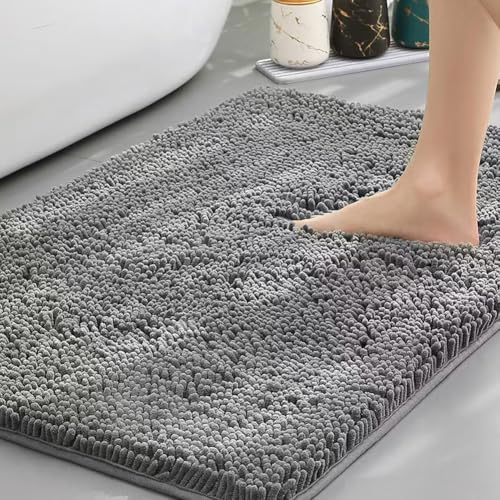 Thick Soft Fluffy Chenille Bath Mat,Super Absorbent Bathroom Mat,Non Slip Bath Rug for Bathroom Floor,Quick Drying Soft Touch Bath Mat (Grey,19.7 * 31.5in)