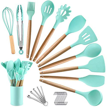 Kitchen Cooking Utensils Set, 27 pcs Non-stick Silicone Cooking Kitchen Utensils Spatula Set with Holder, Wooden Handle Heat Resistant Silicone Kitchen Gadgets Utensil Set