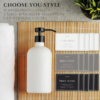 Glass Soap Dispenser Set of 2 (White) with Silicone Tray | Hand and Dish Soap Dispenser for Kitchen and Bathroom | 16.8 Oz Glass Bottles with Stainless Steel Pump & 15 Waterproof Labels (White/Black) - color: White/Black