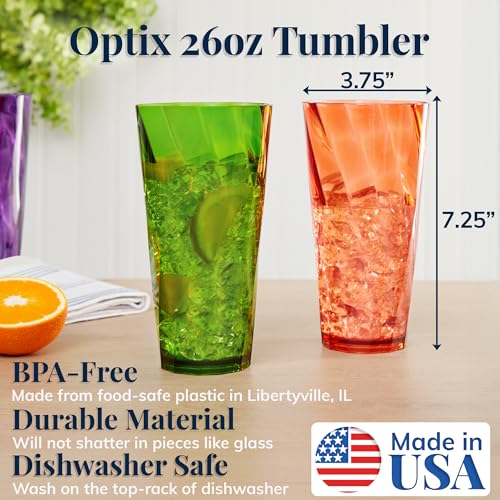 US Acrylic Optix Plastic Reusable Drinking Glasses (Set of 8) 26oz Iced-Tea Cups in Jewel Tone Colors | BPA-Free Tumblers, Made in USA | Top-Rack Dishwasher Safe - size: 26 ounces