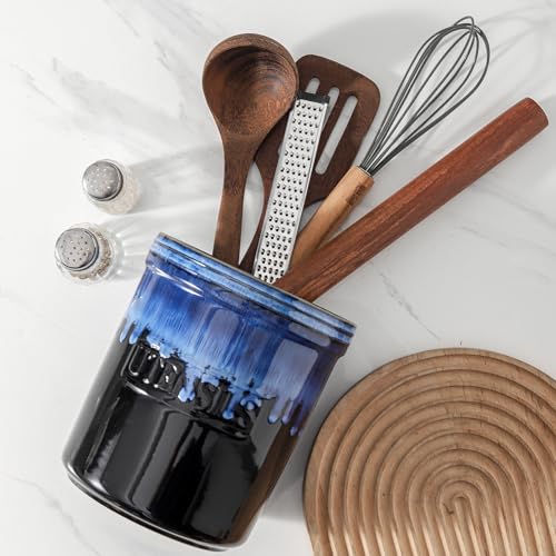 KOOV Cooking Utensil Holder, Large Ceramic Utensil Crock, Deep and Stable, Utensil Caddy for Countertop, Reactive Glaze (Nebula Blue) - color: Nebula Blue