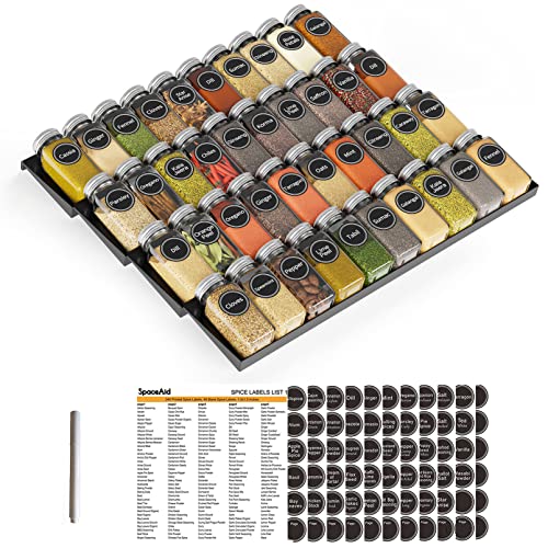 SpaceAid Spice Drawer Organizer with 40 Spice Jars, 386 Spice Labels, 4 Tier Seasoning Rack Tray Insert for Kitchen Drawers, 18.5" Wide x 17.5" Deep - size: 40 Jars, 18.5" Wide