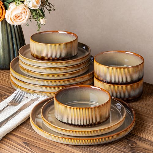 Ceramic Dinnerware Set for 4, 12-Piece Plates and Bowls Set | Lightweight Porcelain Dish Set, Scratch Resistant, Oven & Microwave & Dishwasher Safe, Creamy Amber - color: Creamy Amber, size: Set (12pcs)