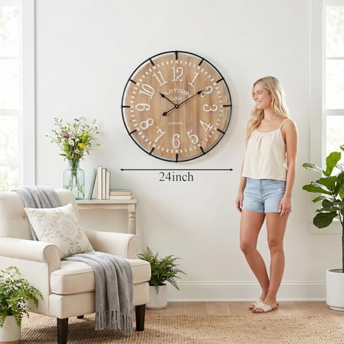EMAX HOME 24 Inch Large Farmhouse Wall Clock - Rustic Antique Wood, Silent Battery Operated Clock for Office Kitchen Bedroom Living Room - color: Brown, size: 24 Inch Arabic numerals