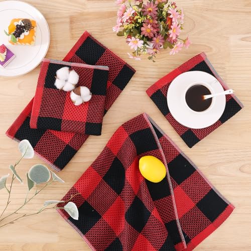 Homaxy 100% Cotton Check 8 Pack Dish Cloths, 12" x 12", Black & Red | Waffle Weave, Plaid, Super Soft and Absorbent Dish Rags, Quick Drying, Multi-Purpose - color: Black & Red, size: 12 x 12 - 8 Pack