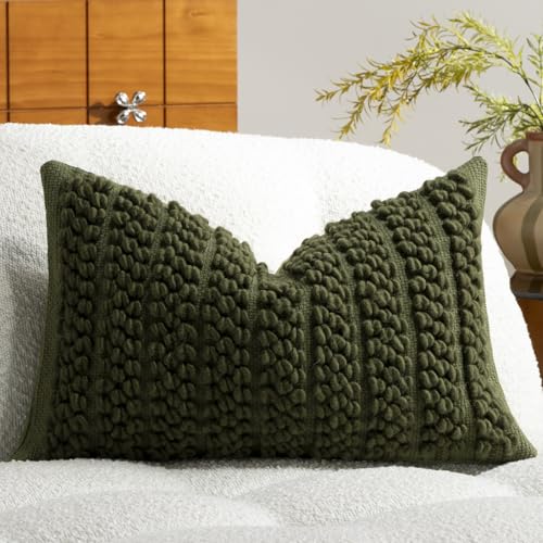 Wool Boucle Lumbar Pillow Cover Premium Chic Accents Rectangular Textured Decorative Throw Pillow Case for Living Room Couch Sofa Home Decor 12"x20" Olive Green - color: Olive Green, size: 20" x 12" (Pack of 1)