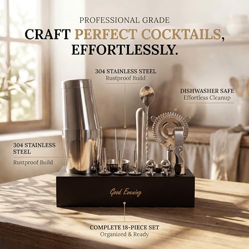 Premium 18-Piece Bartender Kit - Mixology Cocktail Shaker Set with Modern Bamboo Stand, Weighted Boston Shaker, Bar Mat & Recipe Book | 304 Stainless Steel Home Bar Accessories