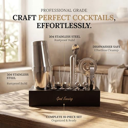 Premium 18-Piece Bartender Kit - Mixology Cocktail Shaker Set with Modern Bamboo Stand, Weighted Boston Shaker, Bar Mat & Recipe Book | 304 Stainless Steel Home Bar Accessories