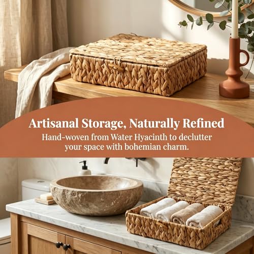 Small Wicker Storage Basket with Lid 2-Pack, Water Hyacinth Woven Baskets | Dustproof design with cover, Natural materials, Handwoven, Built-in handle, Living room, bedroom, utility room, vanity - color: Natural color