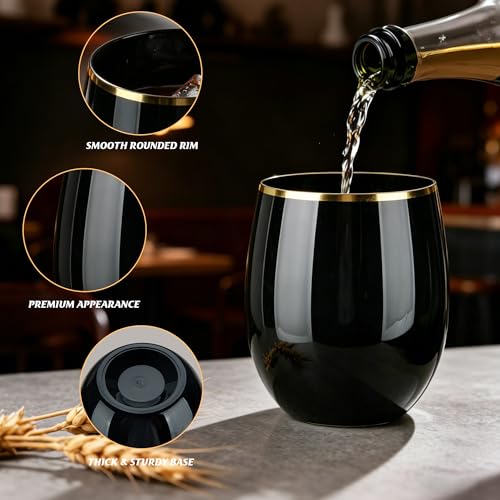 GuanQiao 24 Pack 12oz Black Plastic Wine Glasses with Gold Rim | Black Stemless Disposable Wine Cups, Shatterproof, BPA-Free Reusable Drinkware for Wedding, Party, New Year and Bridal Shower