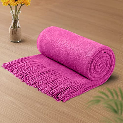 Vonty Hot Pink Knitted Blanket with Tassels Fringe 60" x 80", Super Soft Knit Throw Blanket, Farmhouse Decorative Lightweight Blanket for Couch, Sofa, Bed | Super Soft And Lightweight, Year-Round Cozy Warmth, Farmhouse Decorative Style, Machine Washable,