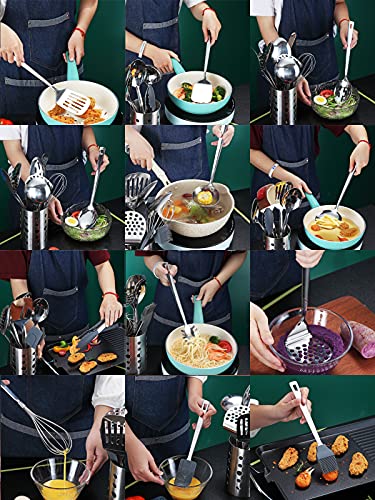 Stainless Steel Cooking Utensils Set,Kyraton 37 Pieces Kitchen Utensils Set, Kitchen Tool Gadgets Set with Utensil Holder Non-Stick and Heat Resistant Dishwasher Safe - color: 1.37 piece silver set