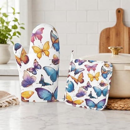 Colorful Butterflies Heat-Resistant Oven Mitts and Pot Holder Kitchen Non-Slip Silicone Cooking Microwave Gloves for Cooking Baking Grilling BBQ - color: Colorful Butterflies