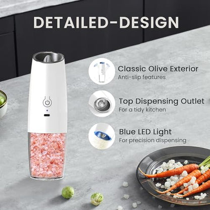 Rechargeable Gravity Salt Pepper Grinder Set, 2 Pack (Black+White) | Gravity Rechargeable Grinder With Led Light & Adjustable Coarseness, No Extra Batteries Needed For Kitchen Seasoning - color: Rechargeable/2pcs/Black+White